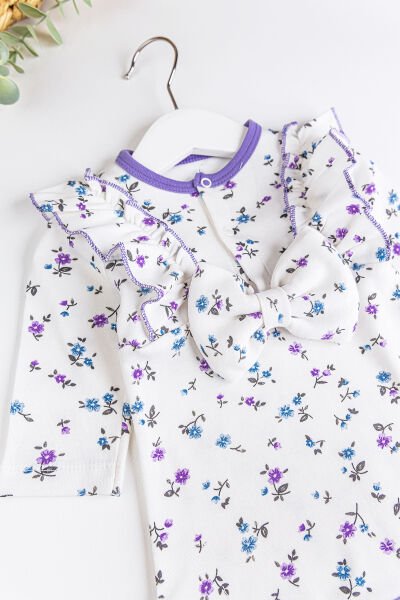 Çiçekli Fiyonklu Kız Bebek Tulum Bebek Body LİLA - 3-6 AY