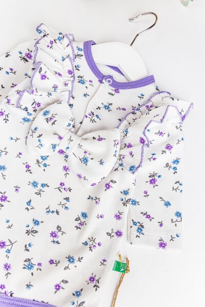 Çiçekli Fiyonklu Kız Bebek Tulum Bebek Body LİLA - 3-6 AY