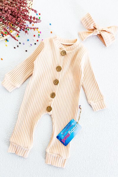 Düğmeli Bandanalı Organik Kız Bebek Tulum SOMON - 3-6 AY