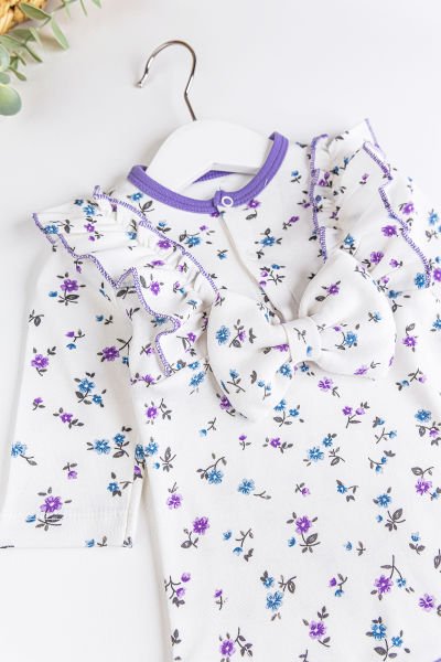 Çiçekli Fiyonklu Kız Bebek Tulum Bebek Body LİLA -  9-12 AY