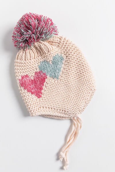 Kalp Desenli Ponponlu 0-18 Ay Kız Bebek Bere PUDRA - 0-18 Ay