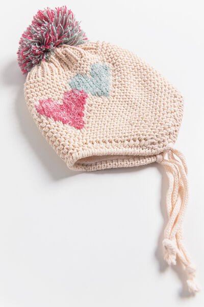 Kalp Desenli Ponponlu 0-18 Ay Kız Bebek Bere PUDRA - 0-18 Ay