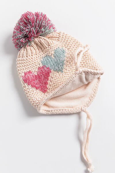 Kalp Desenli Ponponlu 0-18 Ay Kız Bebek Bere PUDRA - 0-18 Ay