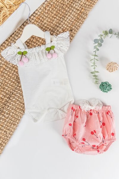 Kiraz Desenli Güpürlü Kız Bebek Tulum Takım