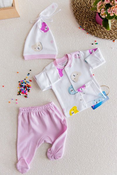 3 Parça Bebek Hastane Çıkışı Önden Açık Bebek Takım PEMBE -  0-3 AY