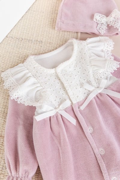 Fiyonklu Kadife Kışlık Kız Bebek Tulum Set