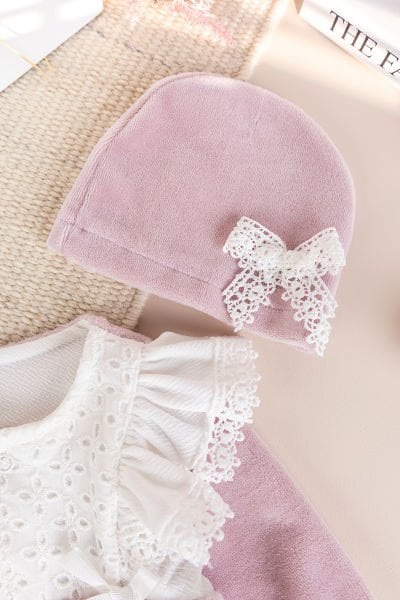 Fiyonklu Kadife Kışlık Kız Bebek Tulum Set