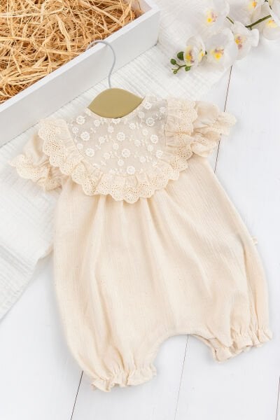%100 Pamuk  Tül İşlemeli Fisto Fırfırlı Yazlık  Krem Kız Bebek Tulum Özelgün