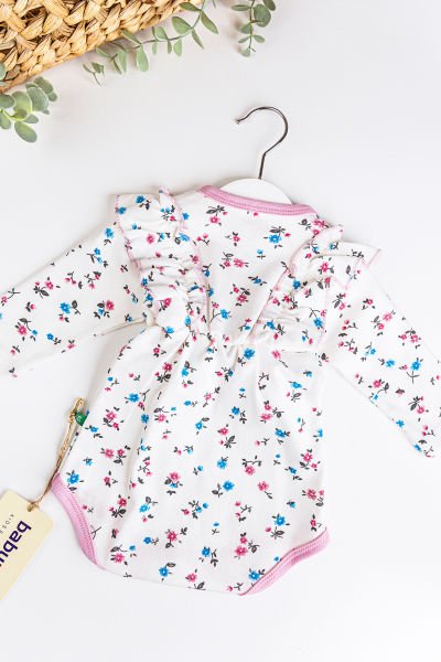Çiçekli Fiyonklu Kız Bebek Tulum Bebek Body PEMBE -  6-9 AY