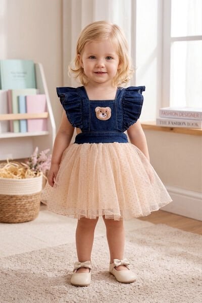 Ayıcık İşlemeli Tül Etekli Kız Bebek Elbise Kot Jile