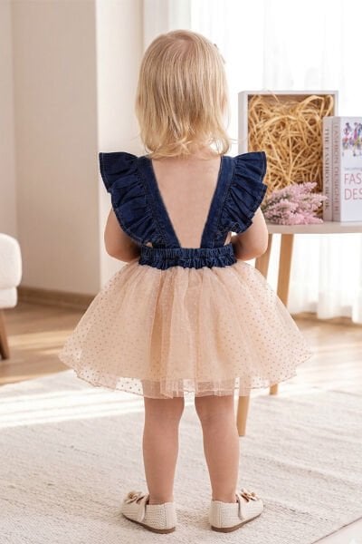 Ayıcık İşlemeli Tül Etekli Kız Bebek Elbise Kot Jile