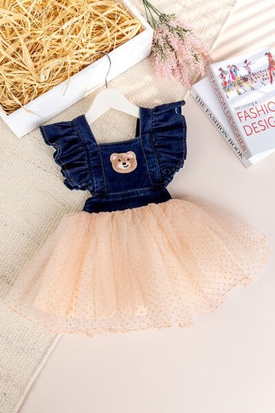 Ayıcık İşlemeli Tül Etekli Kız Bebek Elbise Kot Jile