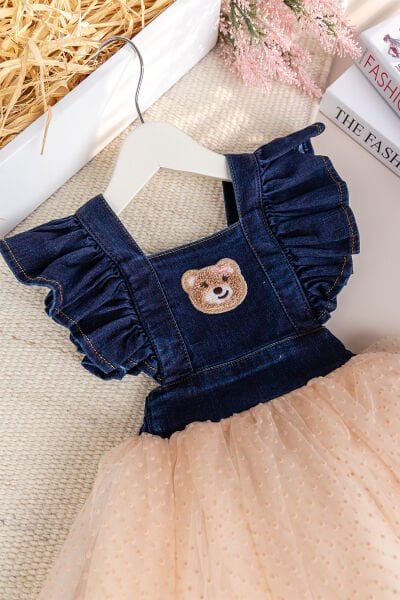 Ayıcık İşlemeli Tül Etekli Kız Bebek Elbise Kot Jile