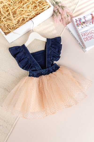 Ayıcık İşlemeli Tül Etekli Kız Bebek Elbise Kot Jile