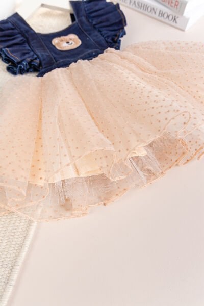 Ayıcık İşlemeli Tül Etekli Kız Bebek Elbise Kot Jile