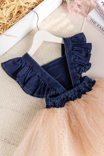 Ayıcık İşlemeli Tül Etekli Kız Bebek Elbise Kot Jile