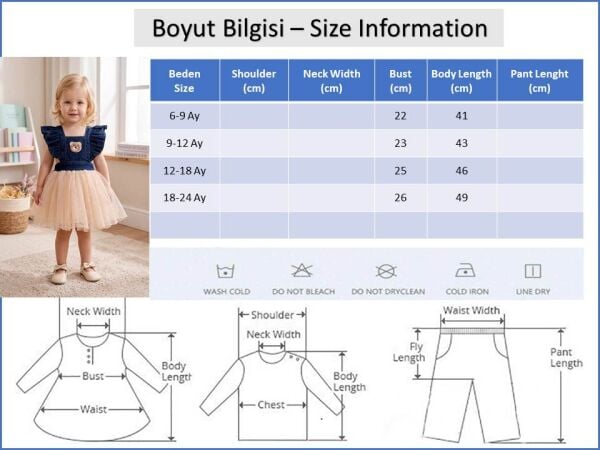 Ayıcık İşlemeli Tül Etekli Kız Bebek Elbise Kot Jile