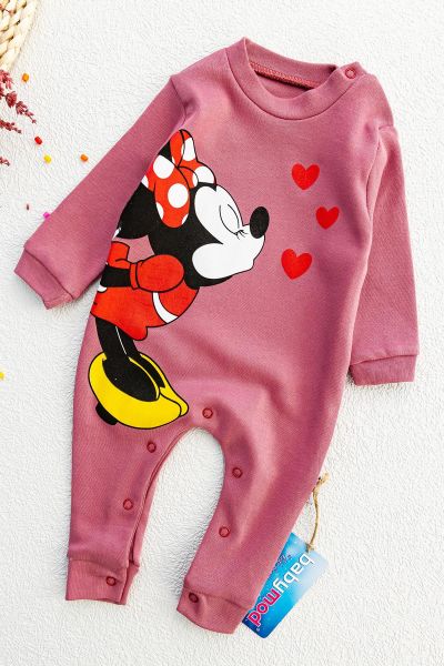 Minnie Mouse Baskılı Kız Bebek Tulum Gül kurusu -  6-9 AY