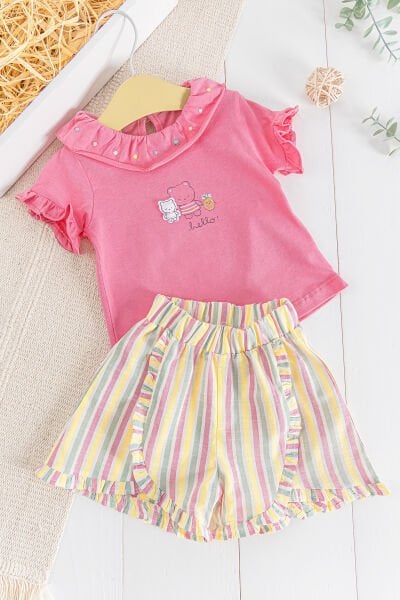 Ayıcık Figürlü Fırfırlı 2'li Yazlık Kız Bebek Takım