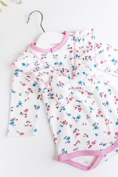 Çiçekli Fiyonklu Kız Bebek Tulum Bebek Body PEMBE - 18-24 AY