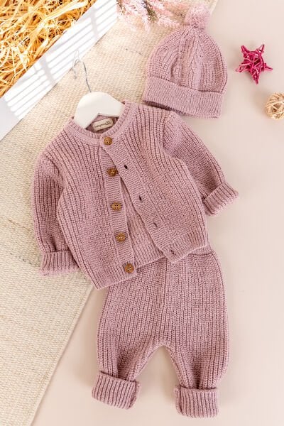 Triko Hırkalı Kışlık Selanik Örgü Kız/Erkek Bebek Takım şapkalı