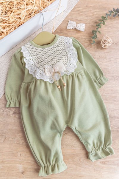 Güpürlü Fiyonk Tokalı Kız Bebek Tulum YEŞİL -  6-9 AY