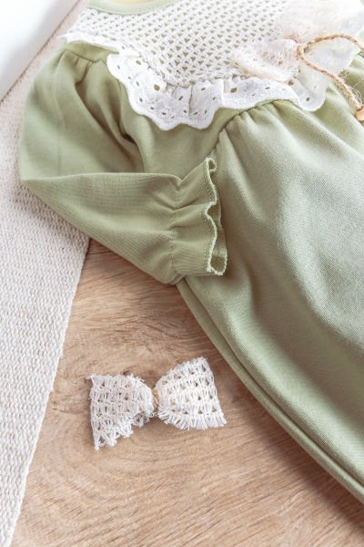 Güpürlü Fiyonk Tokalı Kız Bebek Tulum YEŞİL -  6-9 AY