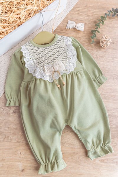 Güpürlü Fiyonk Tokalı Kız Bebek Tulum YEŞİL -  9-12 AY