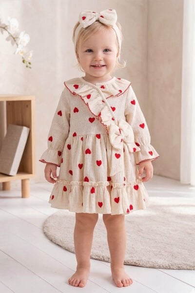 Kalp Desenli 100% Pamuk Bandanalı Kız Bebek Elbise