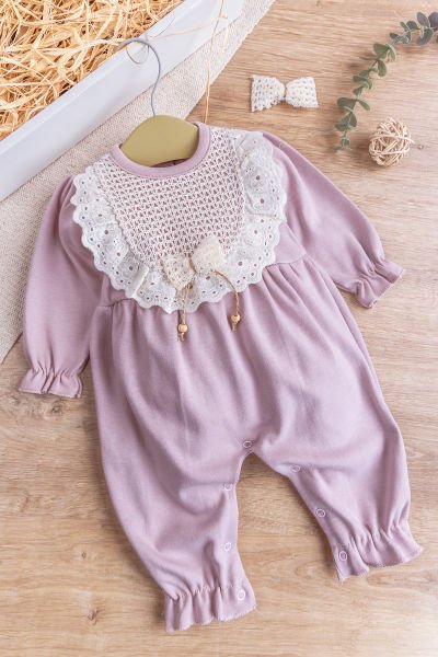 Güpürlü Fiyonk Tokalı Kız Bebek Tulum LİLA - 3-6 AY