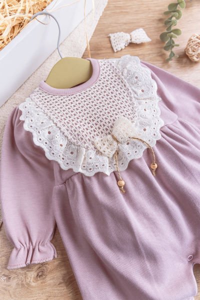 Güpürlü Fiyonk Tokalı Kız Bebek Tulum LİLA - 3-6 AY