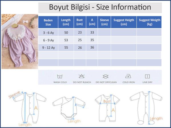 Güpürlü Fiyonk Tokalı Kız Bebek Tulum LİLA - 3-6 AY
