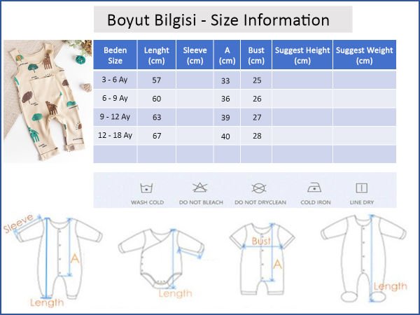 Natural Zürafa Figürlü Erkek Bebek Tulum Salopet KREM -  12-18 AY