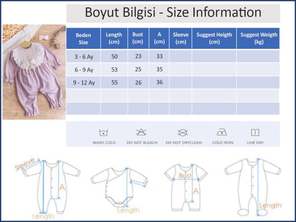 Güpürlü Fiyonk Tokalı Kız Bebek Tulum LİLA -  6-9 AY