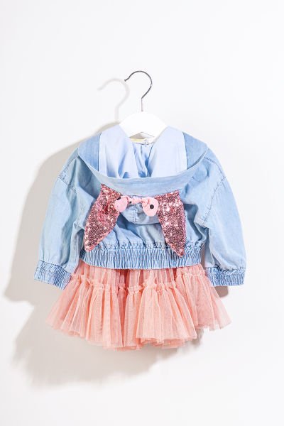 Denim Ceketli Tüllü Kız Bebek Elbise Takımı