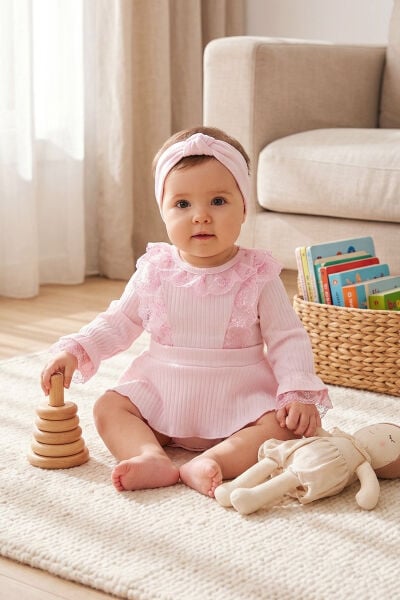 Saç Bantlı Fitilli Vintage Kız Bebek Romper  Elbise