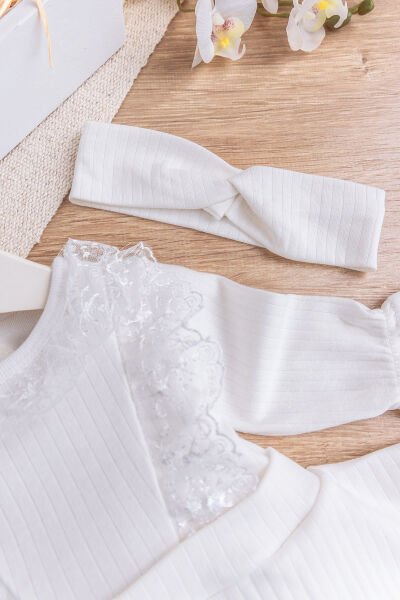 Dantel Yakalı Bandanalı Kız Bebek Elbise Bebek Tulum KREM - 3 Ay