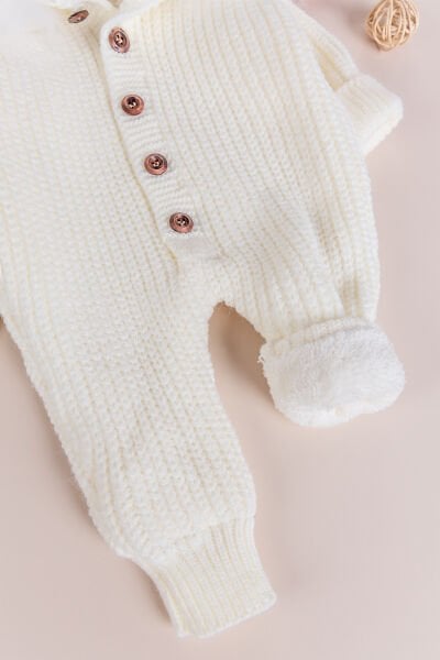 Triko Örgü Kışlık İçi Welsoft Astarlı Kapüşonlu Kız/Erkek Bebek Tulum KREM - 3-6 AY