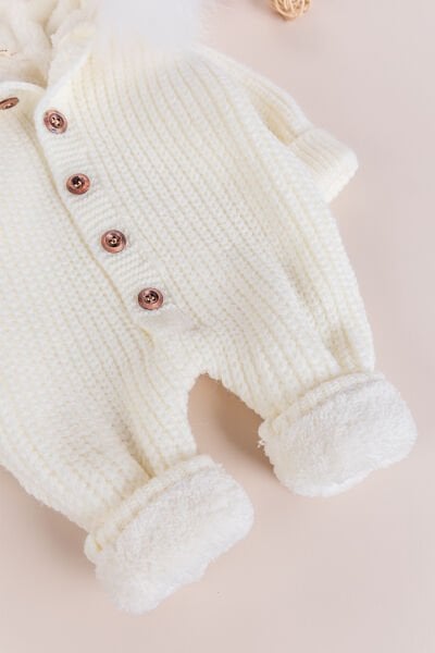 Triko Örgü Kışlık İçi Welsoft Astarlı Kapüşonlu Kız/Erkek Bebek Tulum KREM - 3-6 AY