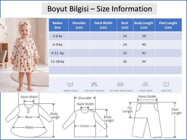 Kalp Desenli 100% Pamuk Bandanalı Kız Bebek Elbise SİYAH -  12-18 AY