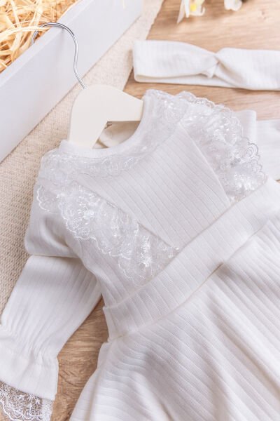 Dantel Yakalı Bandanalı Kız Bebek Elbise Bebek Tulum KREM - 9 Ay