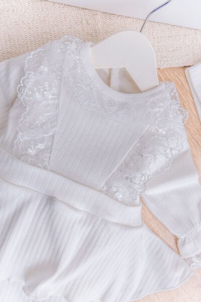 Dantel Yakalı Bandanalı Kız Bebek Elbise Bebek Tulum KREM - 9 Ay