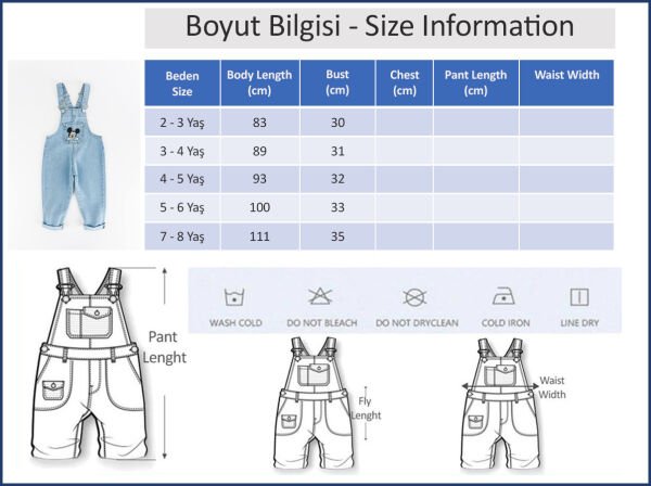 Figürlü Denim Kumaş Kız Çocuk Kot Salopet