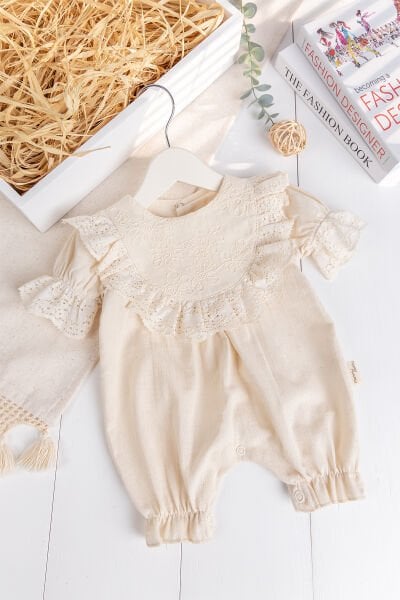 Fırfırlı 100% Pamuk Yazlık Kız Bebek Tulum Krem