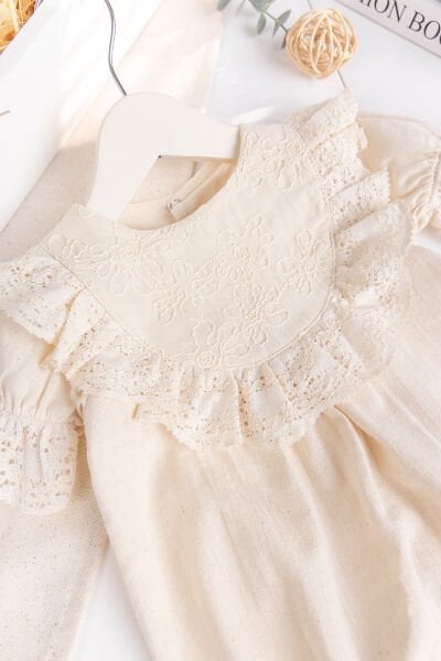 Fırfırlı 100% Pamuk Yazlık Kız Bebek Tulum Krem