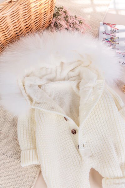 Triko Örgü Kışlık İçi Welsoft Astarlı Kapüşonlu Kız/Erkek Bebek Tulum KREM -  9-12 AY