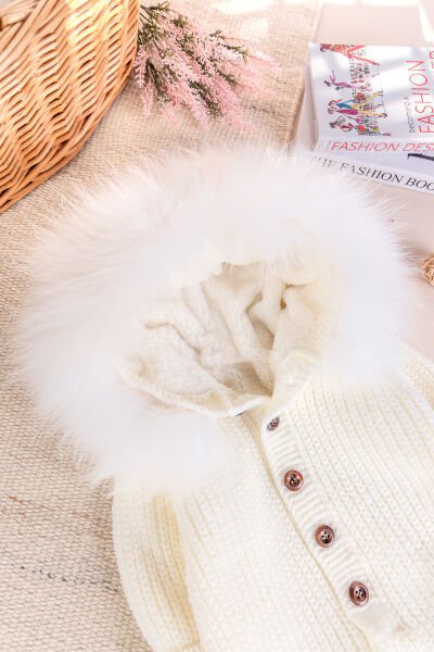 Triko Örgü Kışlık İçi Welsoft Astarlı Kapüşonlu Kız/Erkek Bebek Tulum KREM -  9-12 AY