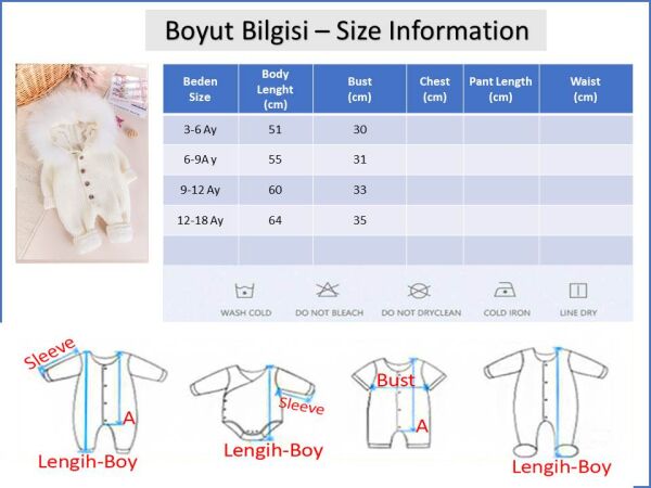 Triko Örgü Kışlık İçi Welsoft Astarlı Kapüşonlu Kız/Erkek Bebek Tulum KREM -  12-18 AY