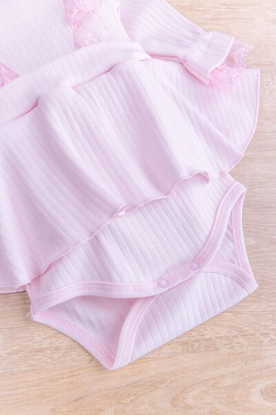 Dantel Yakalı Bandanalı Kız Bebek Elbise Bebek Tulum PEMBE - 6 Ay