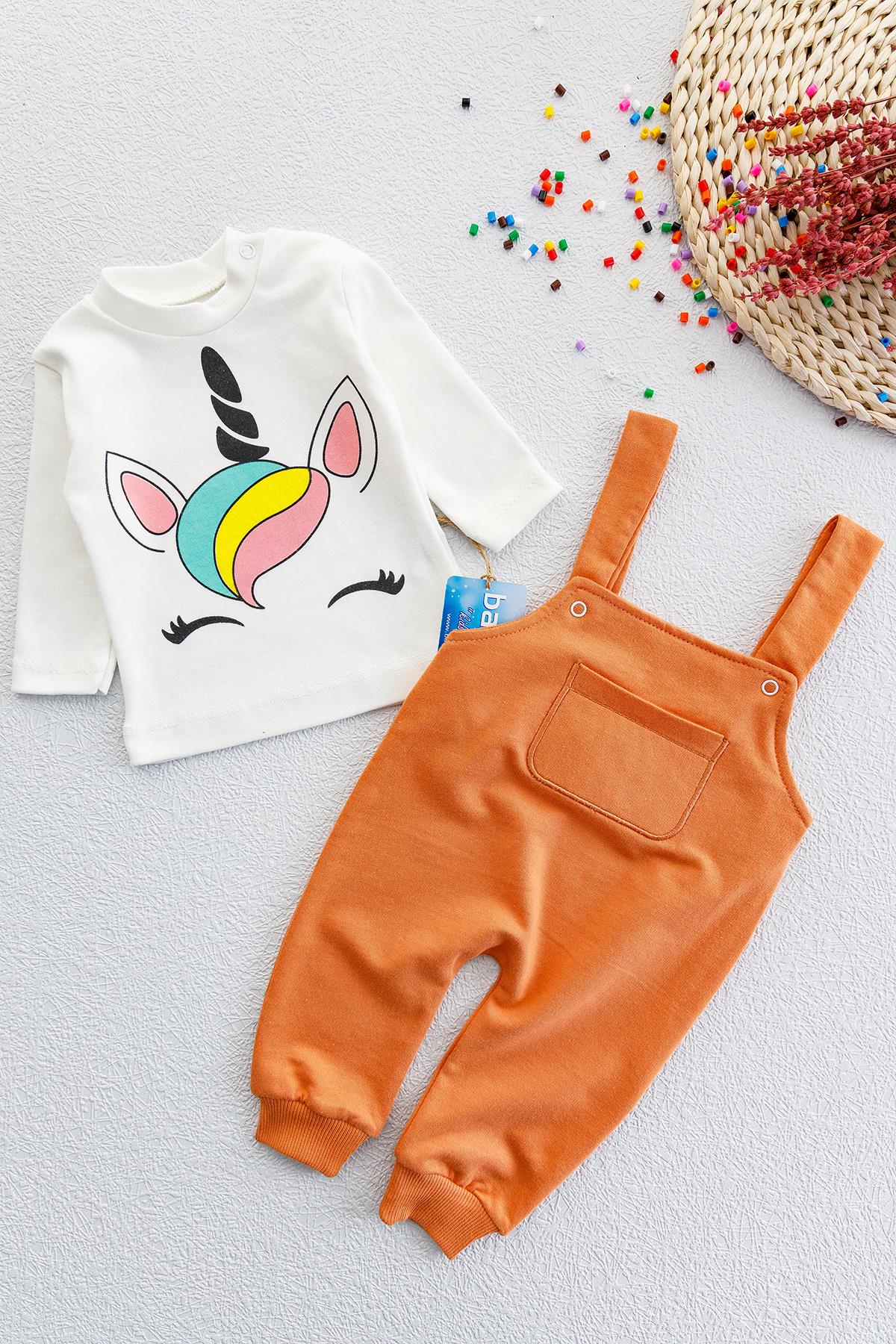 Unicorn Kanatlı Kız Bebek Salopet Tulum Bebek Takım Tarçın  -  0-3 AY